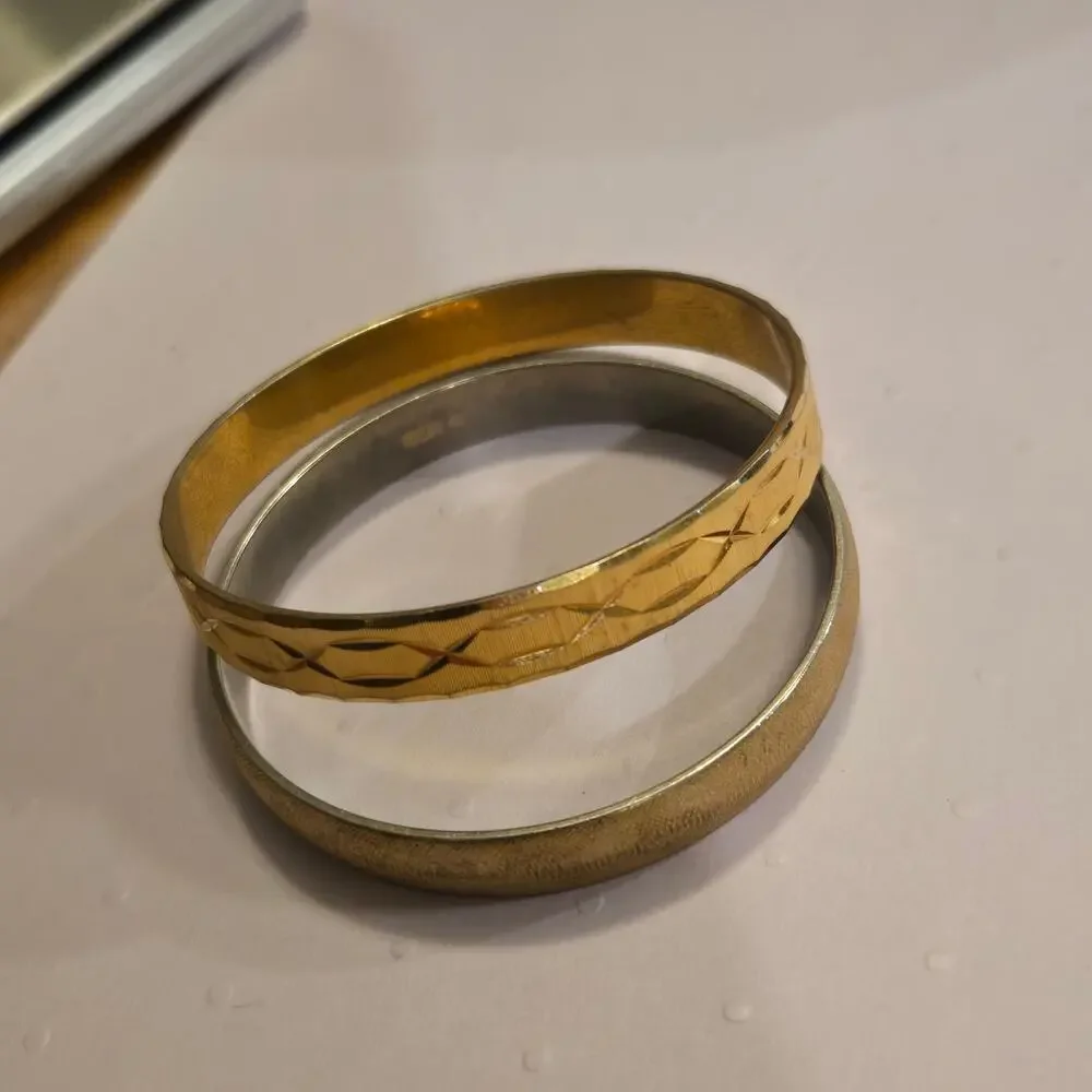Vintage MONET Signed Gold Tone Bangle Bracelet Set Stackable Textured Pair
